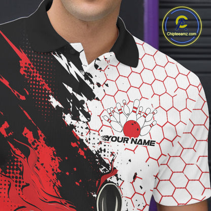 Custom Red Flame Grunge Bowling Men Polo Shirt, Halftone Hexagon Bowling Shirt IPHW12012