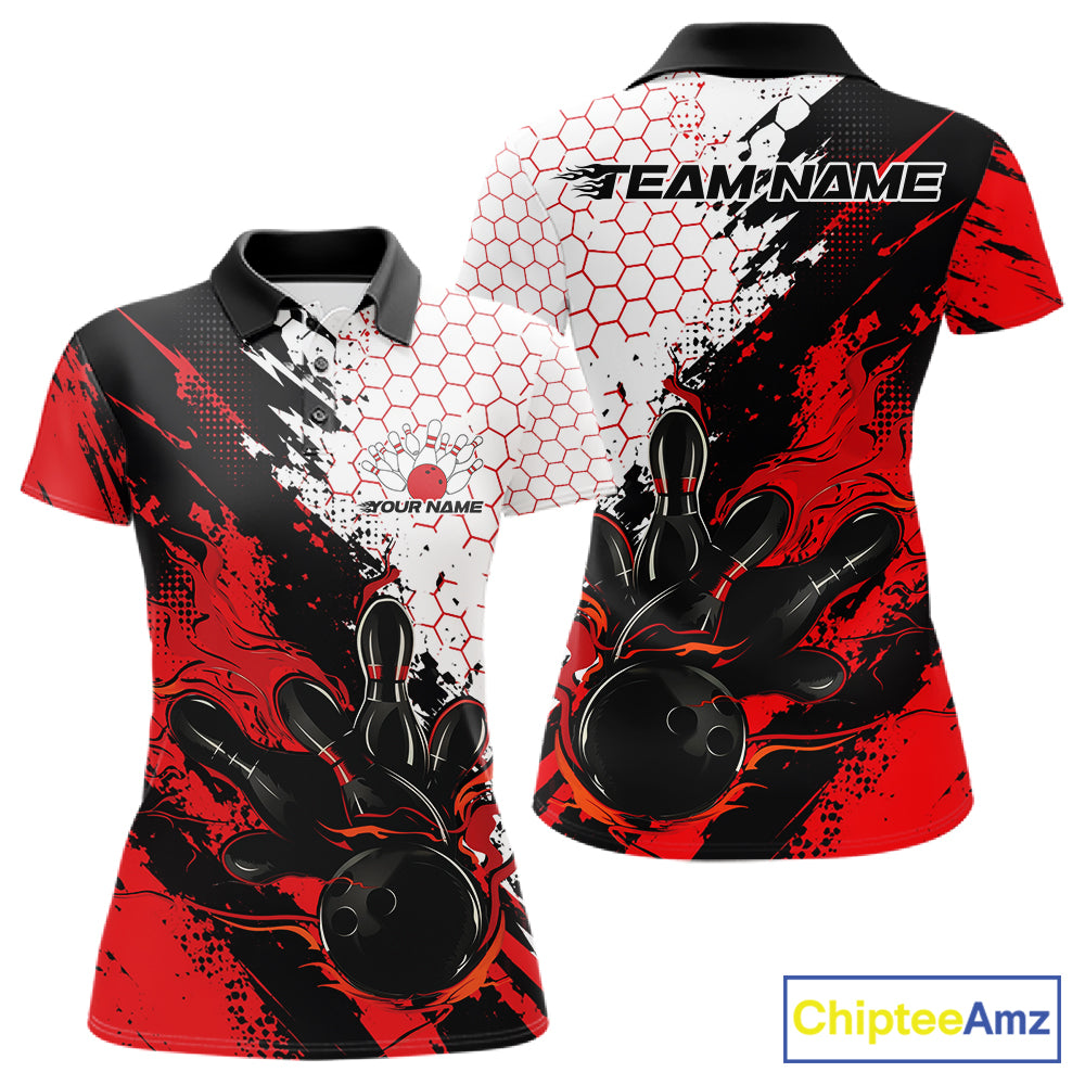 Custom Red Flame Grunge Bowling Women Polo Shirt, Halftone Hexagon Bowling Shirt IPHW12012