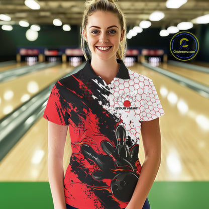 Custom Red Flame Grunge Bowling Women Polo Shirt, Halftone Hexagon Bowling Shirt IPHW12012