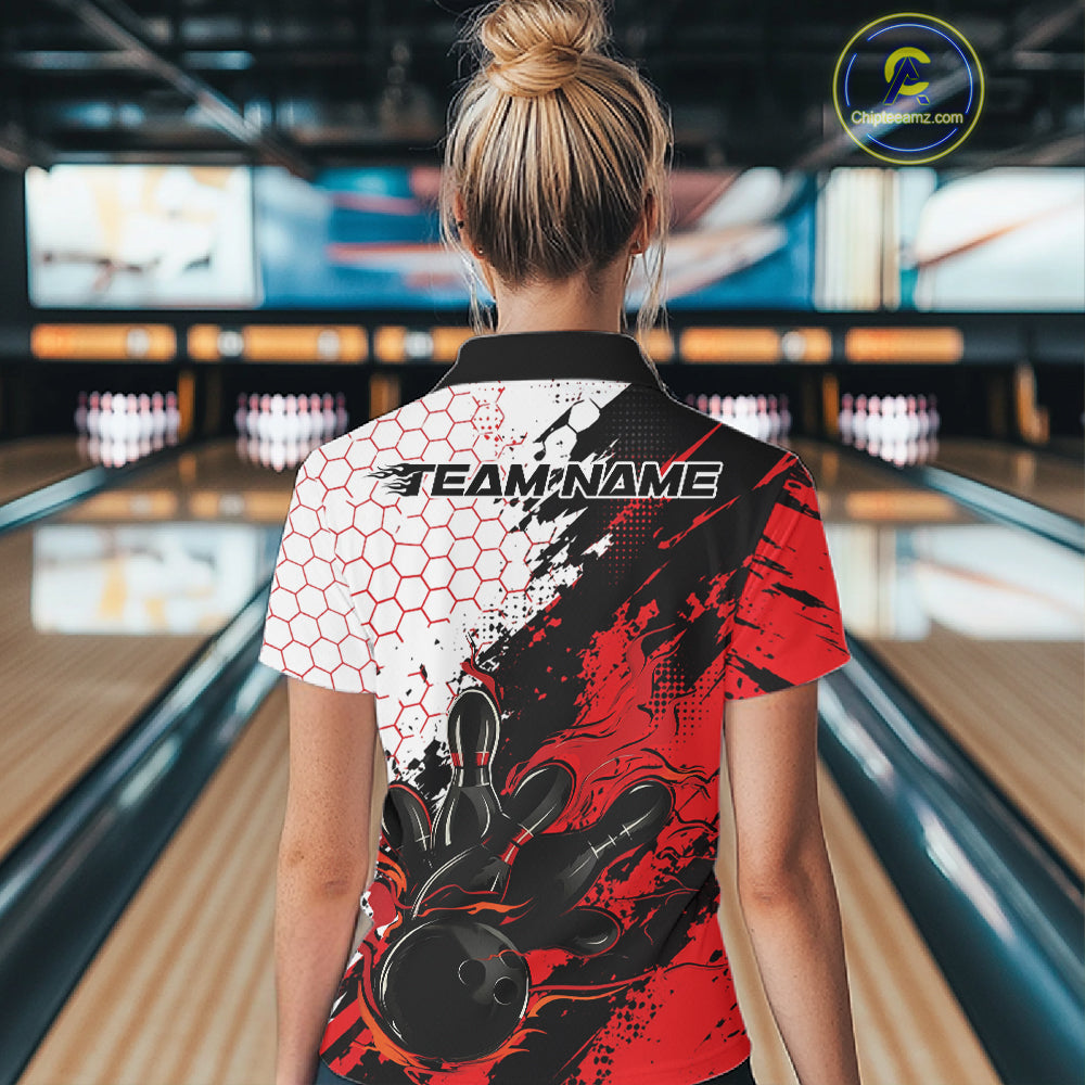 Custom Red Flame Grunge Bowling Women Polo Shirt, Halftone Hexagon Bowling Shirt IPHW12012