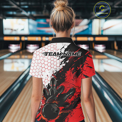 Custom Red Flame Grunge Bowling Women Polo Shirt, Halftone Hexagon Bowling Shirt IPHW12012