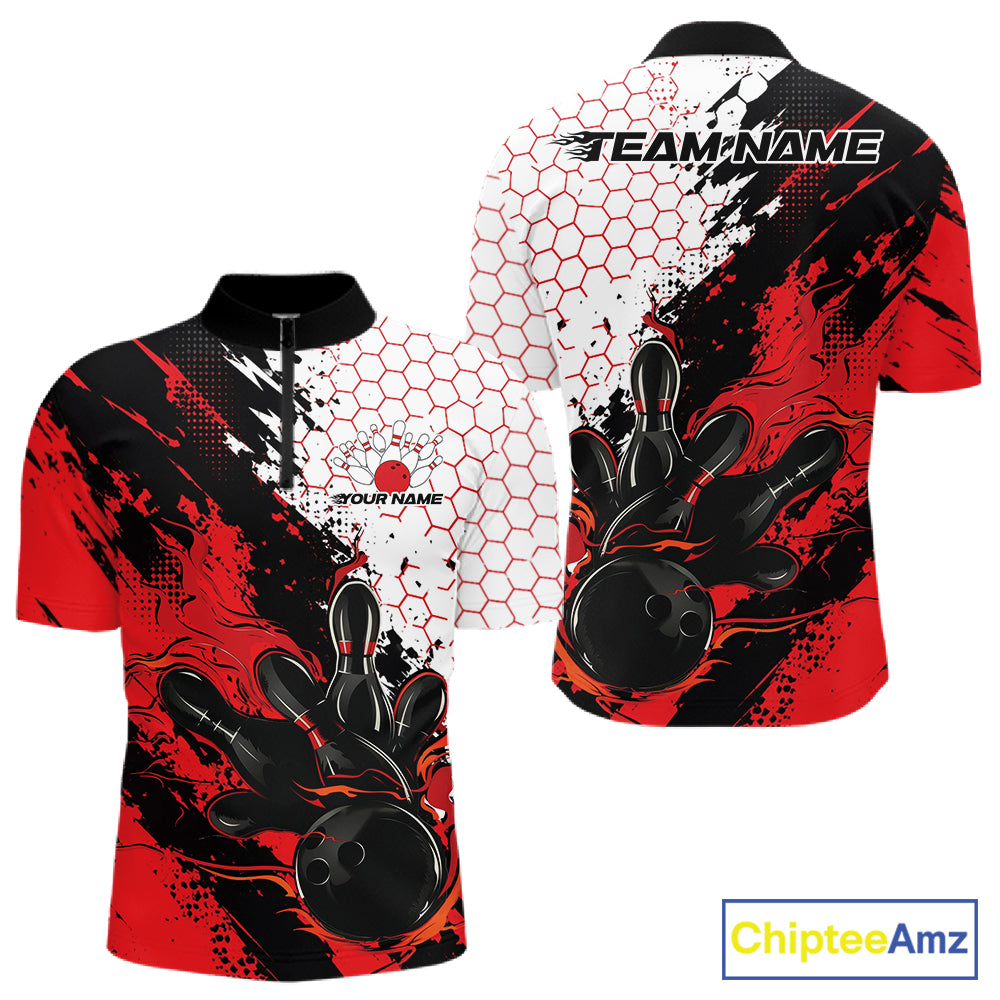 Custom Red Flame Grunge Bowling Men Quarter Zip Shirt, Halftone Hexagon Bowling Shirt IPHW12012