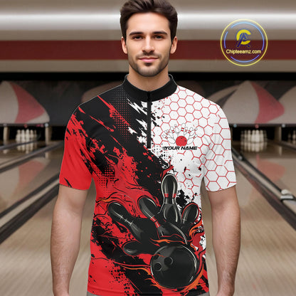Custom Red Flame Grunge Bowling Men Quarter Zip Shirt, Halftone Hexagon Bowling Shirt IPHW12012