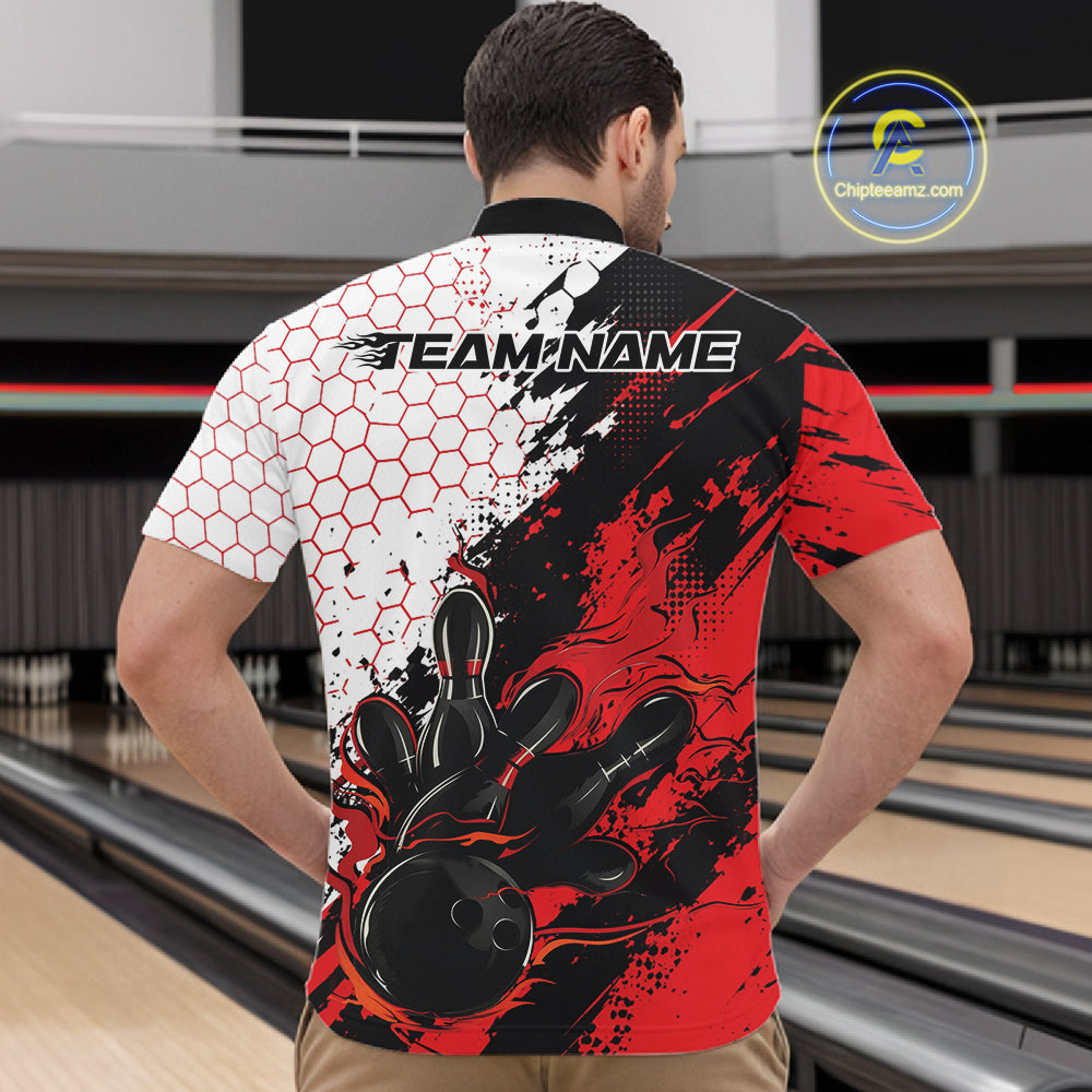 Custom Red Flame Grunge Bowling Men Quarter Zip Shirt, Halftone Hexagon Bowling Shirt IPHW12012