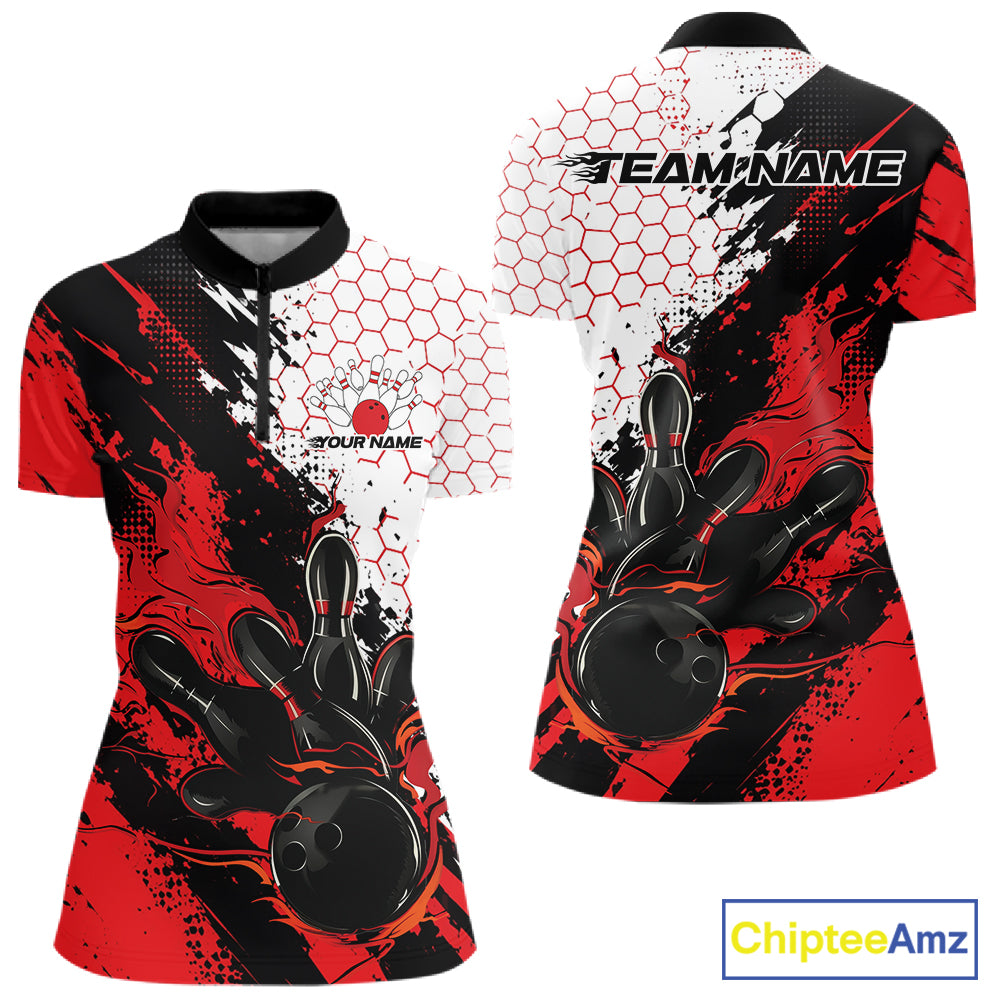 Custom Red Flame Grunge Bowling Women Quarter-Zip Shirt, Halftone Hexagon Bowling Shirt IPHW12012