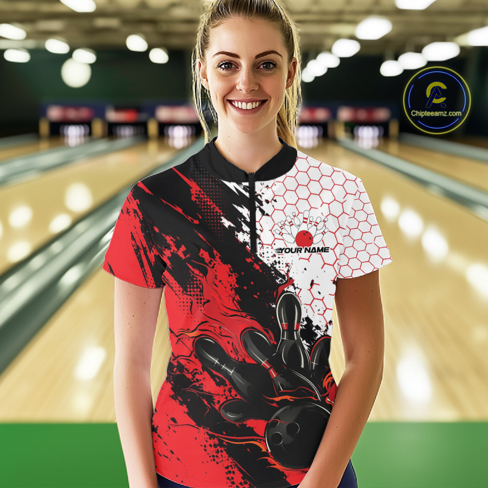 Custom Red Flame Grunge Bowling Women Quarter-Zip Shirt, Halftone Hexagon Bowling Shirt IPHW12012