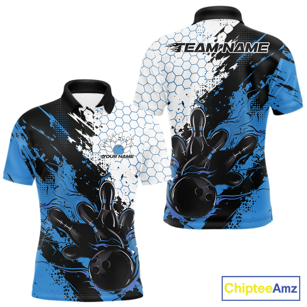 Custom Blue Flame Grunge Bowling Men Polo Shirt, Halftone Hexagon Bowling Shirt IPHW12013