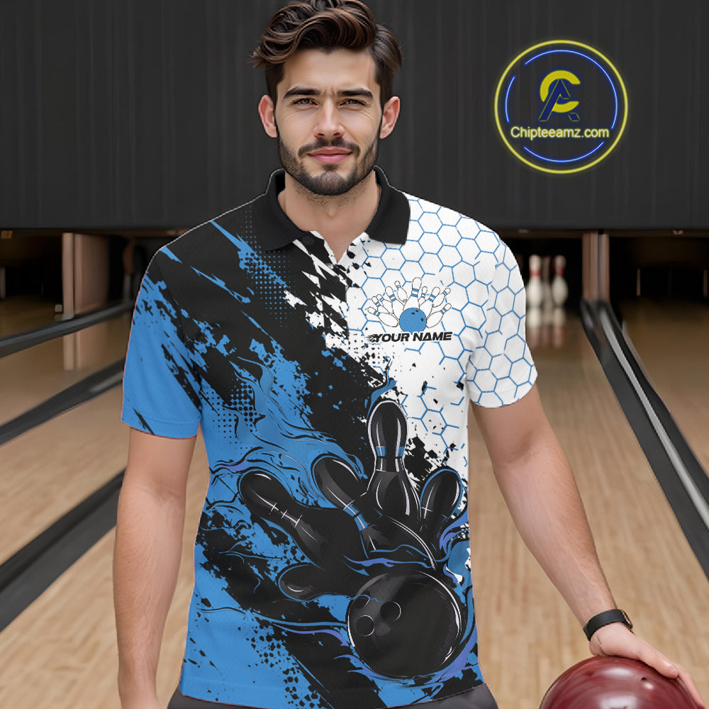 Custom Blue Flame Grunge Bowling Men Polo Shirt, Halftone Hexagon Bowling Shirt IPHW12013