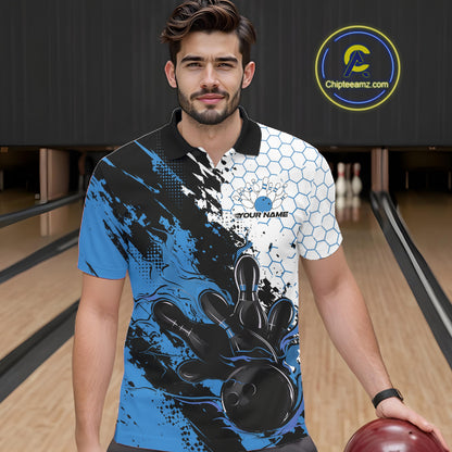 Custom Blue Flame Grunge Bowling Men Polo Shirt, Halftone Hexagon Bowling Shirt IPHW12013