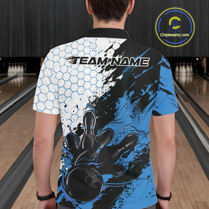 Custom Blue Flame Grunge Bowling Men Polo Shirt, Halftone Hexagon Bowling Shirt IPHW12013