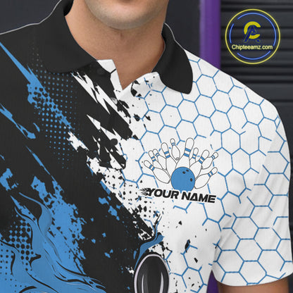 Custom Blue Flame Grunge Bowling Men Polo Shirt, Halftone Hexagon Bowling Shirt IPHW12013