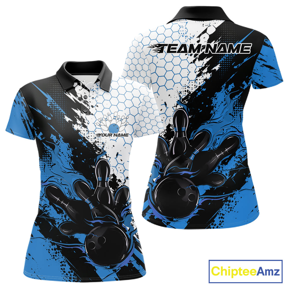 Custom Blue Flame Grunge Bowling Women Polo Shirt, Halftone Hexagon Bowling Shirt IPHW12013