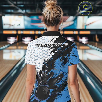 Custom Blue Flame Grunge Bowling Women Polo Shirt, Halftone Hexagon Bowling Shirt IPHW12013