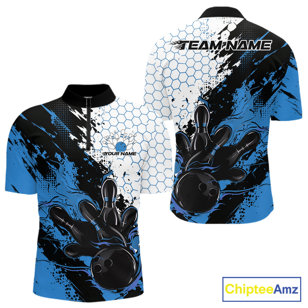 Custom Blue Flame Grunge Bowling Men Quarter Zip Shirt, Halftone Hexagon Bowling Shirt IPHW12013