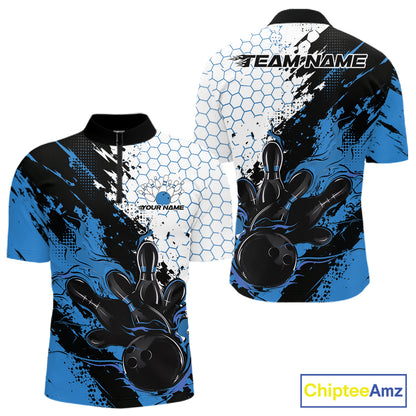 Custom Blue Flame Grunge Bowling Men Quarter Zip Shirt, Halftone Hexagon Bowling Shirt IPHW12013