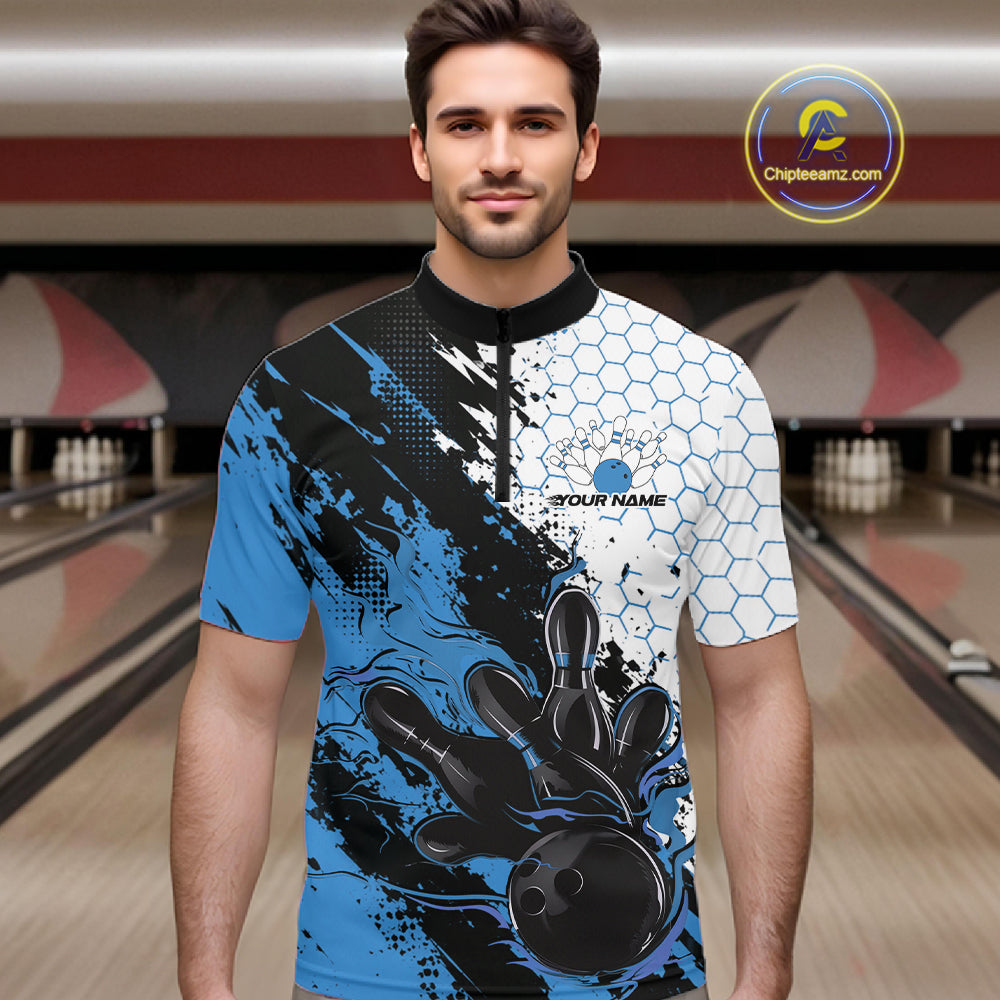 Custom Blue Flame Grunge Bowling Men Quarter Zip Shirt, Halftone Hexagon Bowling Shirt IPHW12013