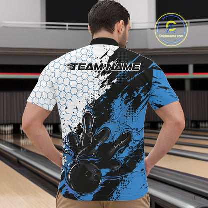Custom Blue Flame Grunge Bowling Men Quarter Zip Shirt, Halftone Hexagon Bowling Shirt IPHW12013