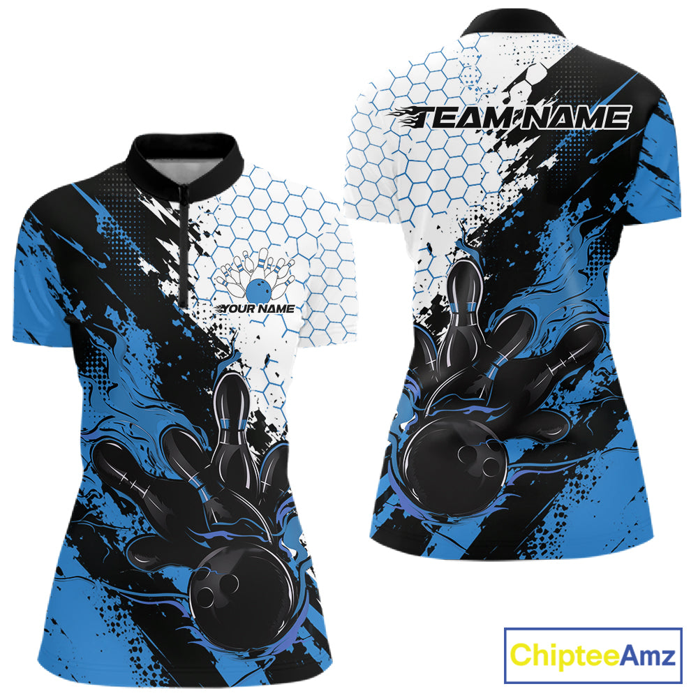 Custom Blue Flame Grunge Bowling Women Quarter-Zip Shirt, Halftone Hexagon Bowling Shirt IPHW12013