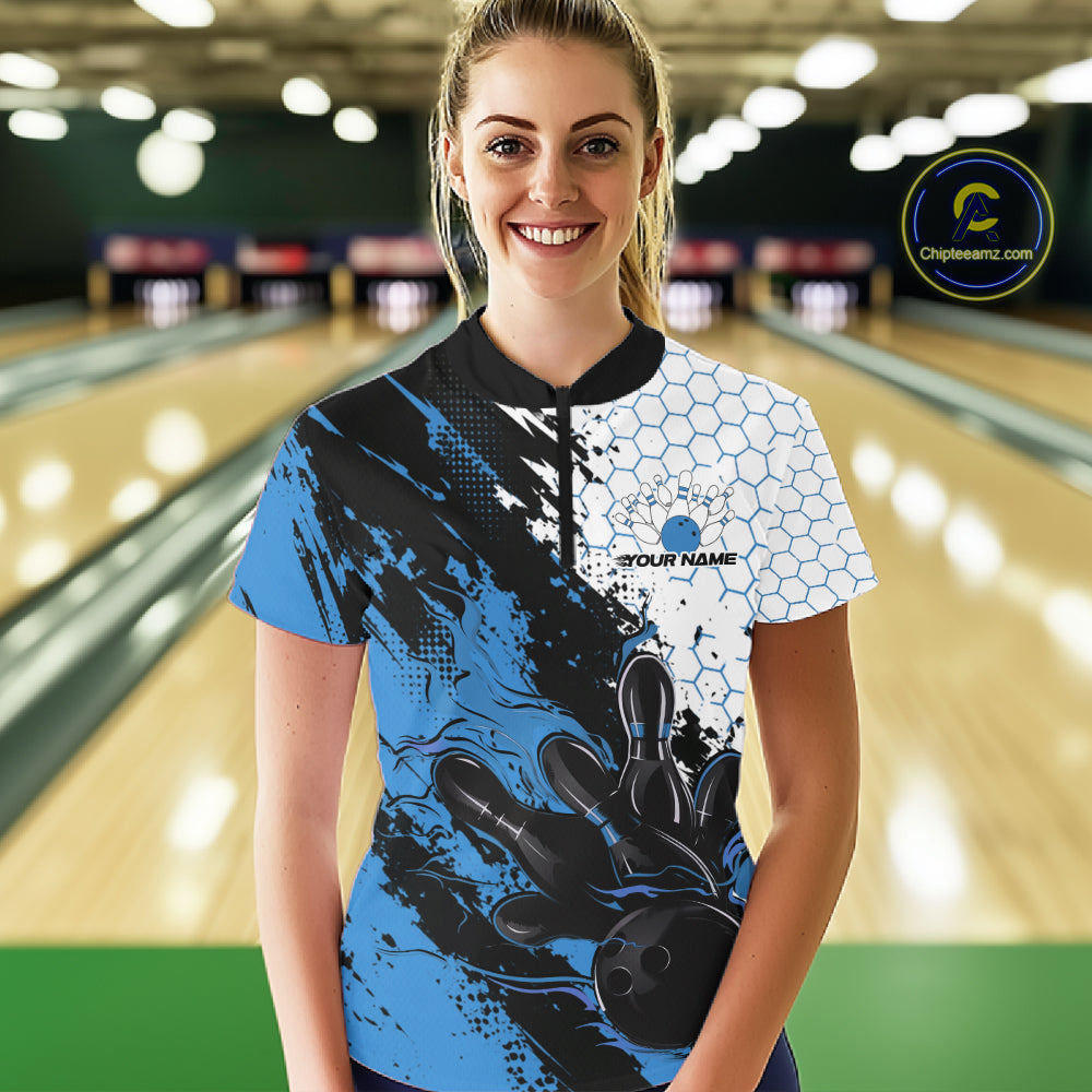 Custom Blue Flame Grunge Bowling Women Quarter-Zip Shirt, Halftone Hexagon Bowling Shirt IPHW12013