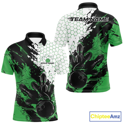 Custom Green Flame Grunge Bowling Men Polo Shirt, Halftone Hexagon Bowling Shirt IPHW12014
