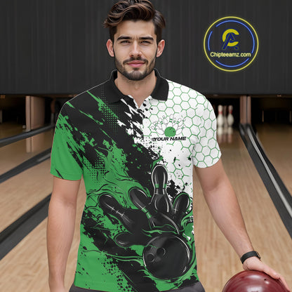 Custom Green Flame Grunge Bowling Men Polo Shirt, Halftone Hexagon Bowling Shirt IPHW12014