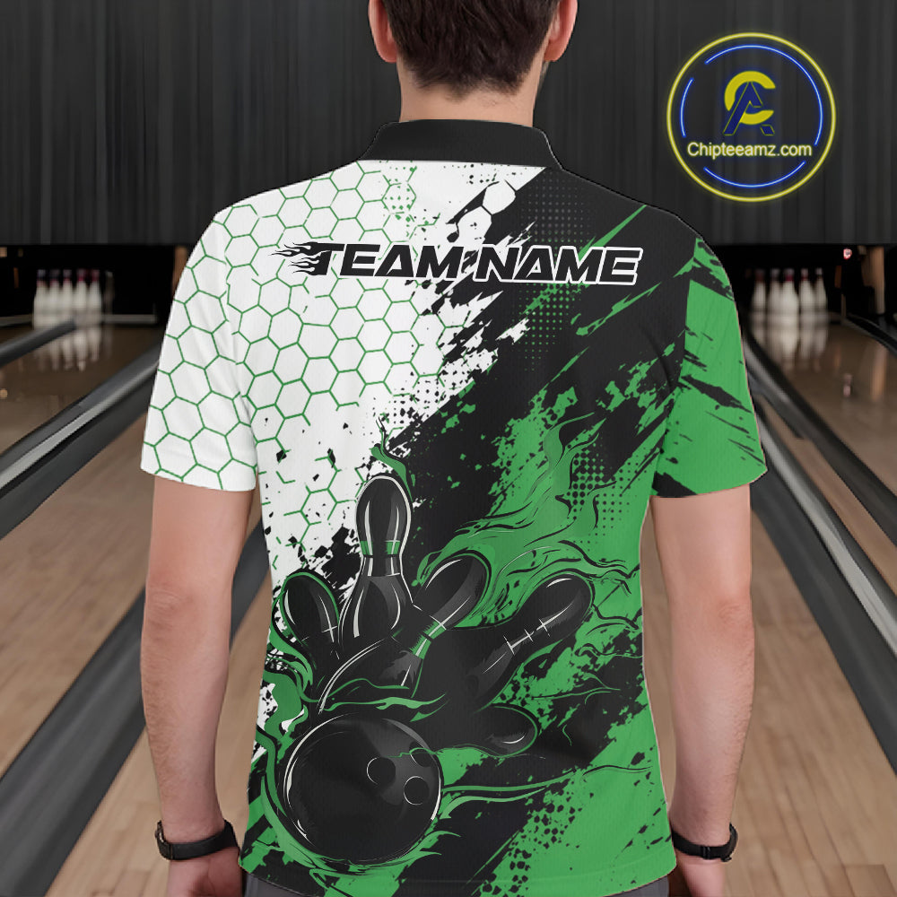 Custom Green Flame Grunge Bowling Men Polo Shirt, Halftone Hexagon Bowling Shirt IPHW12014