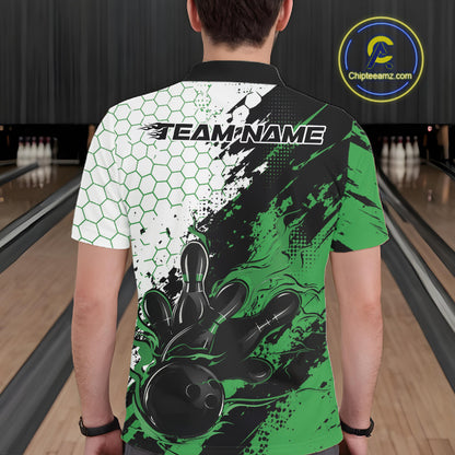 Custom Green Flame Grunge Bowling Men Polo Shirt, Halftone Hexagon Bowling Shirt IPHW12014