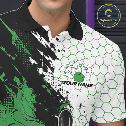Custom Green Flame Grunge Bowling Men Polo Shirt, Halftone Hexagon Bowling Shirt IPHW12014
