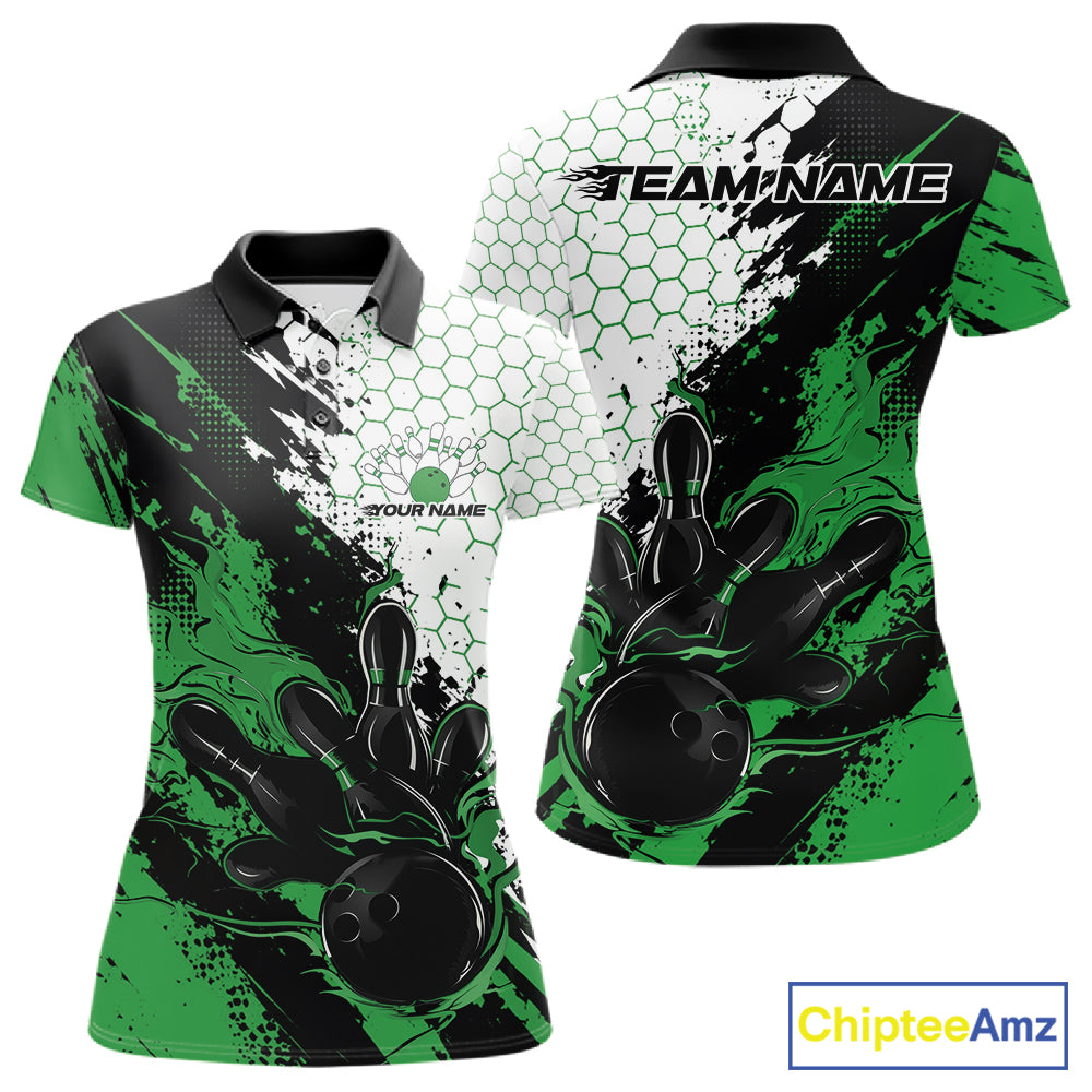 Custom Green Flame Grunge Bowling Women Polo Shirt, Halftone Hexagon Bowling Shirt IPHW12014