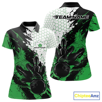 Custom Green Flame Grunge Bowling Women Polo Shirt, Halftone Hexagon Bowling Shirt IPHW12014