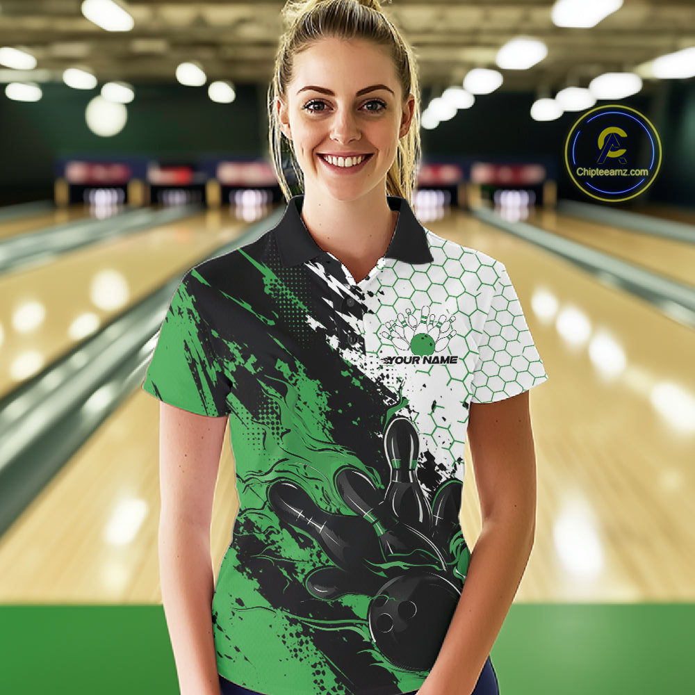 Custom Green Flame Grunge Bowling Women Polo Shirt, Halftone Hexagon Bowling Shirt IPHW12014