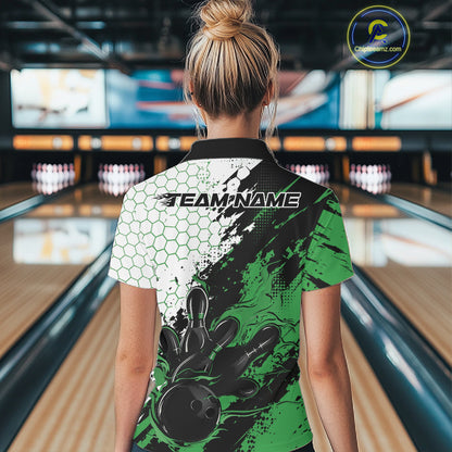 Custom Green Flame Grunge Bowling Women Polo Shirt, Halftone Hexagon Bowling Shirt IPHW12014