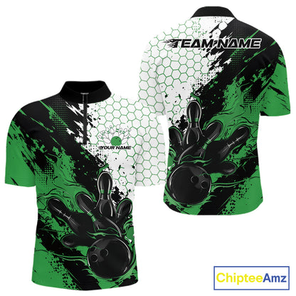 Custom Green Flame Grunge Bowling Men Quarter Zip Shirt, Halftone Hexagon Bowling Shirt IPHW12014