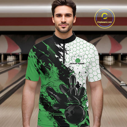 Custom Green Flame Grunge Bowling Men Quarter Zip Shirt, Halftone Hexagon Bowling Shirt IPHW12014