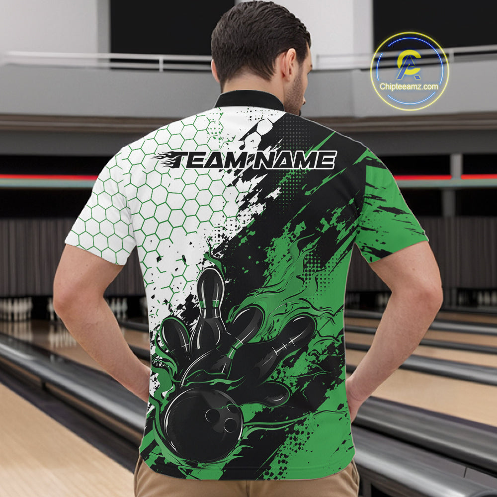 Custom Green Flame Grunge Bowling Men Quarter Zip Shirt, Halftone Hexagon Bowling Shirt IPHW12014