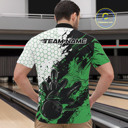 Custom Green Flame Grunge Bowling Men Quarter Zip Shirt, Halftone Hexagon Bowling Shirt IPHW12014