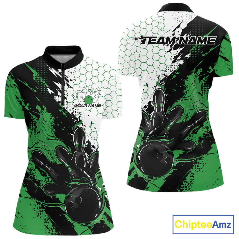 Custom Green Flame Grunge Bowling Women Quarter-Zip Shirt, Hexagon Bowling Shirt IPHW12014