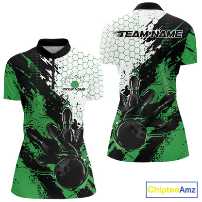 Custom Green Flame Grunge Bowling Women Quarter-Zip Shirt, Hexagon Bowling Shirt IPHW12014