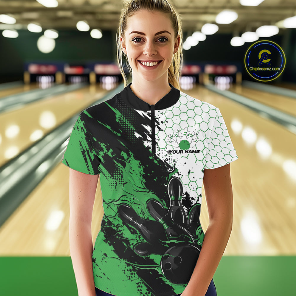 Custom Green Flame Grunge Bowling Women Quarter-Zip Shirt, Hexagon Bowling Shirt IPHW12014