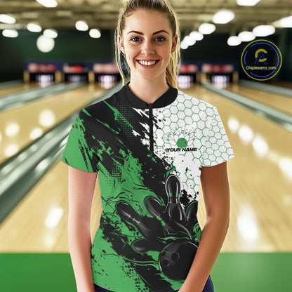 Custom Green Flame Grunge Bowling Women Quarter-Zip Shirt, Hexagon Bowling Shirt IPHW12014