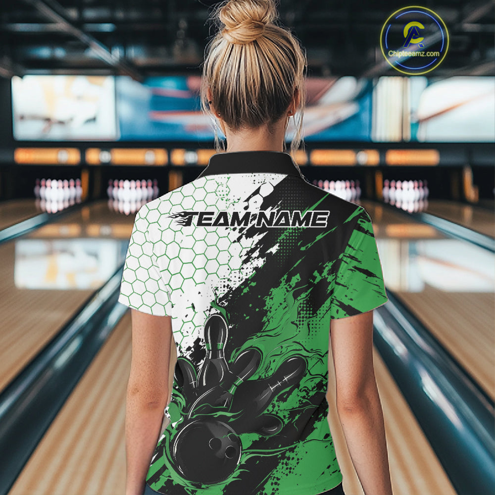 Custom Green Flame Grunge Bowling Women Quarter-Zip Shirt, Hexagon Bowling Shirt IPHW12014