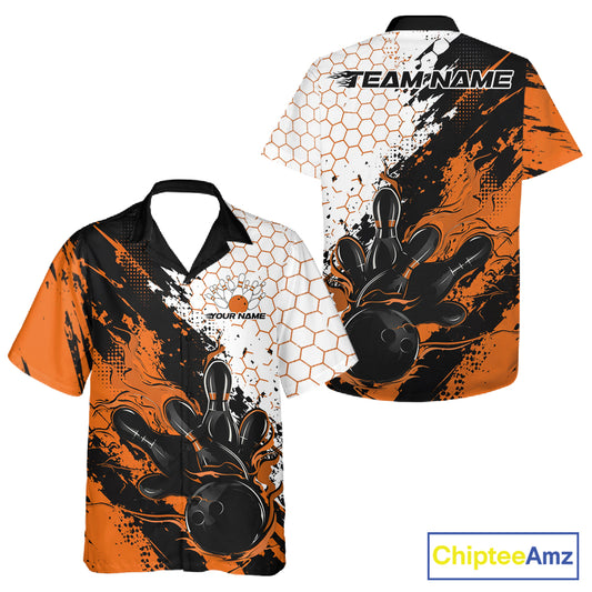 Custom Orange Flame Grunge Bowling Men And Women Button Up Shirt, Halftone Hexagon Bowling Shirt IPHW12015
