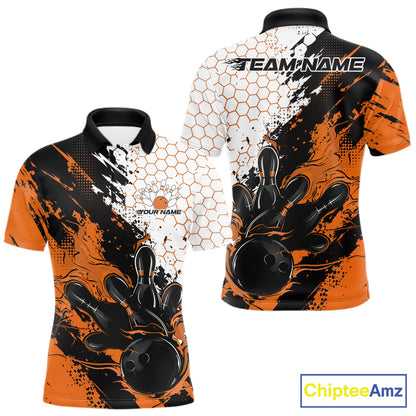 Custom Orange Flame Grunge Bowling Men Polo Shirt, Halftone Hexagon Bowling Shirt IPHW12015