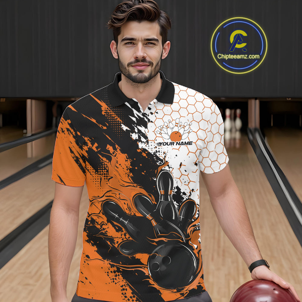 Custom Orange Flame Grunge Bowling Men Polo Shirt, Halftone Hexagon Bowling Shirt IPHW12015