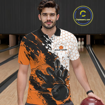 Custom Orange Flame Grunge Bowling Men Polo Shirt, Halftone Hexagon Bowling Shirt IPHW12015