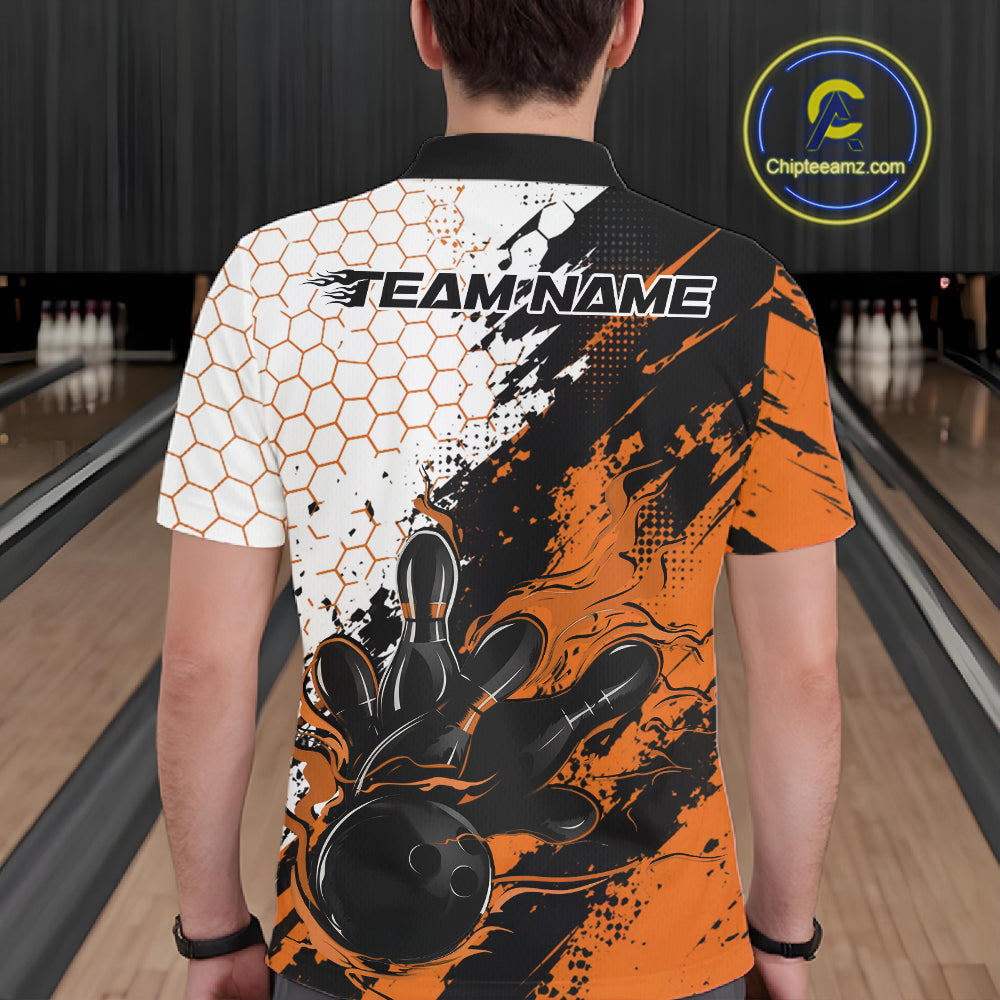 Custom Orange Flame Grunge Bowling Men Polo Shirt, Halftone Hexagon Bowling Shirt IPHW12015