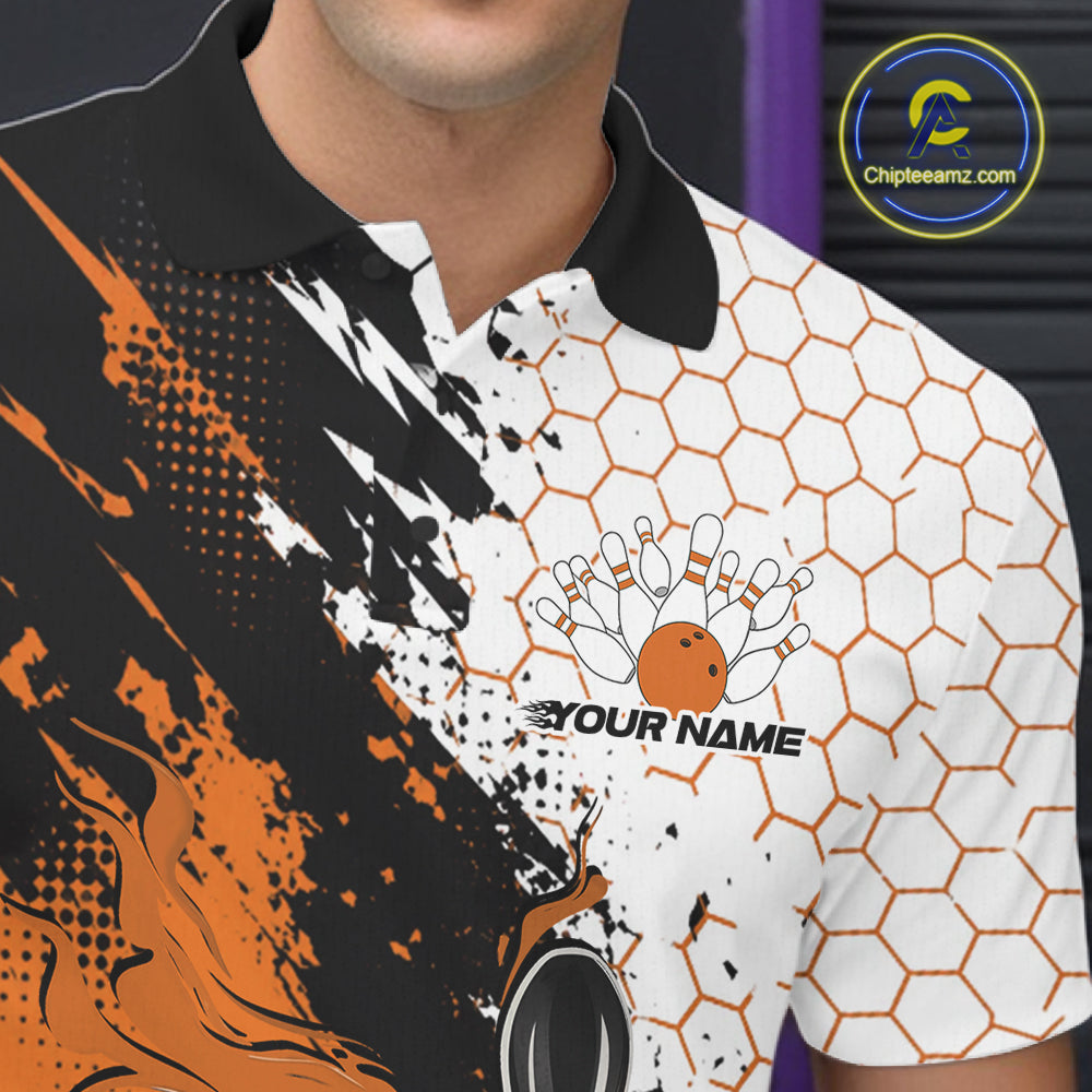 Custom Orange Flame Grunge Bowling Men Polo Shirt, Halftone Hexagon Bowling Shirt IPHW12015