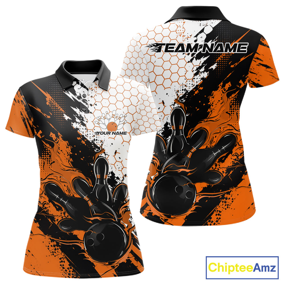 Custom Orange Flame Grunge Bowling Women Polo Shirt, Halftone Hexagon Bowling Shirt IPHW12015