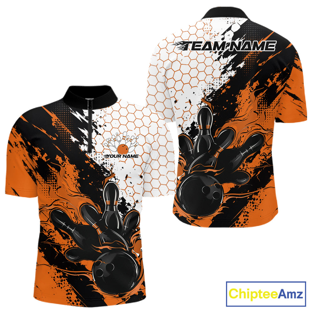 Custom Orange Flame Grunge Bowling Men Quarter Zip Shirt, Halftone Hexagon Bowling Shirt IPHW12015