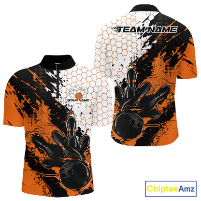 Custom Orange Flame Grunge Bowling Men Quarter Zip Shirt, Halftone Hexagon Bowling Shirt IPHW12015